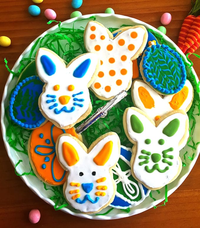 Easter cookies decorated with different colors and in different shapes. 