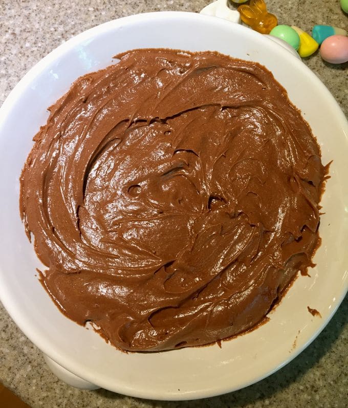 Easter Chocolate Cheesecake Dip mixture in a small serving dish.