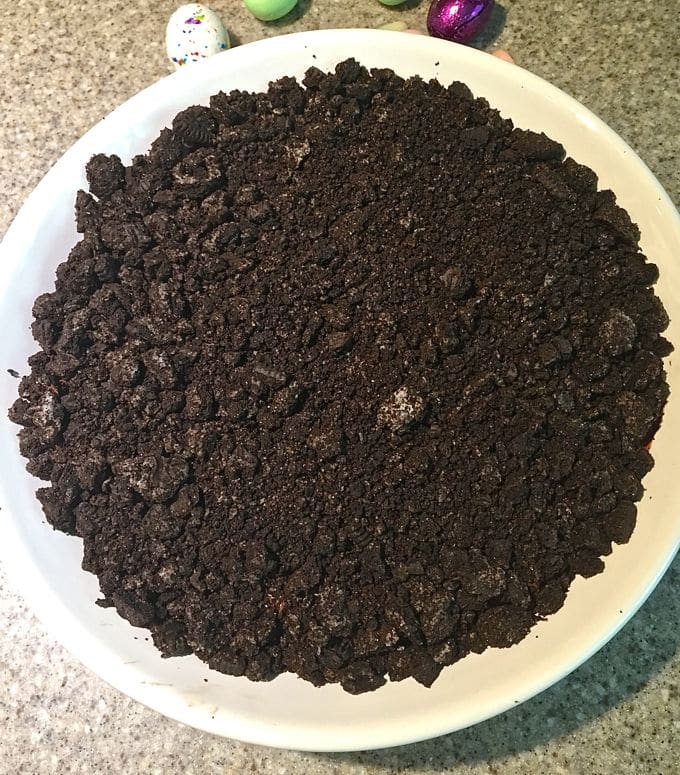Easter Chocolate Cheesecake Dip mixture topped with crushed Oreos.