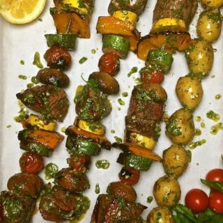 Steak Shish Kabobs with Chimichurri Sauce hot off the grill