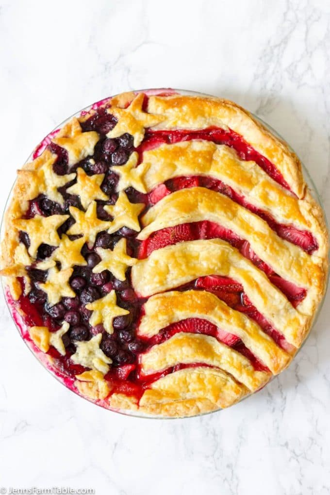 A blueberry and strawberry pie which looks like an American Flag.