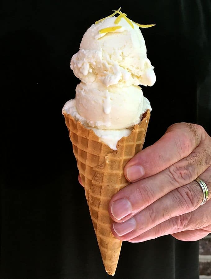 Easy No-Cook Meyer Lemon Ice Cream in an ice cream cone