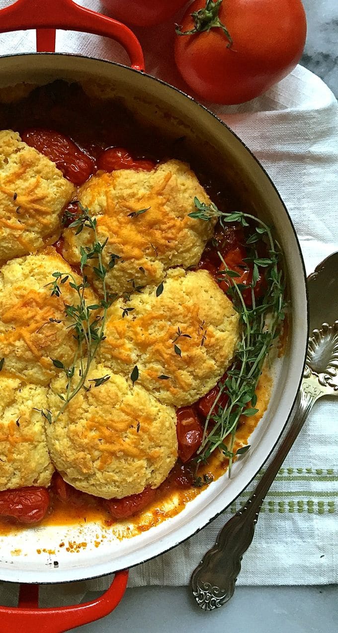 Dig in to this Savory Tomato Cobbler with Cornmeal-Cheddar Biscuits