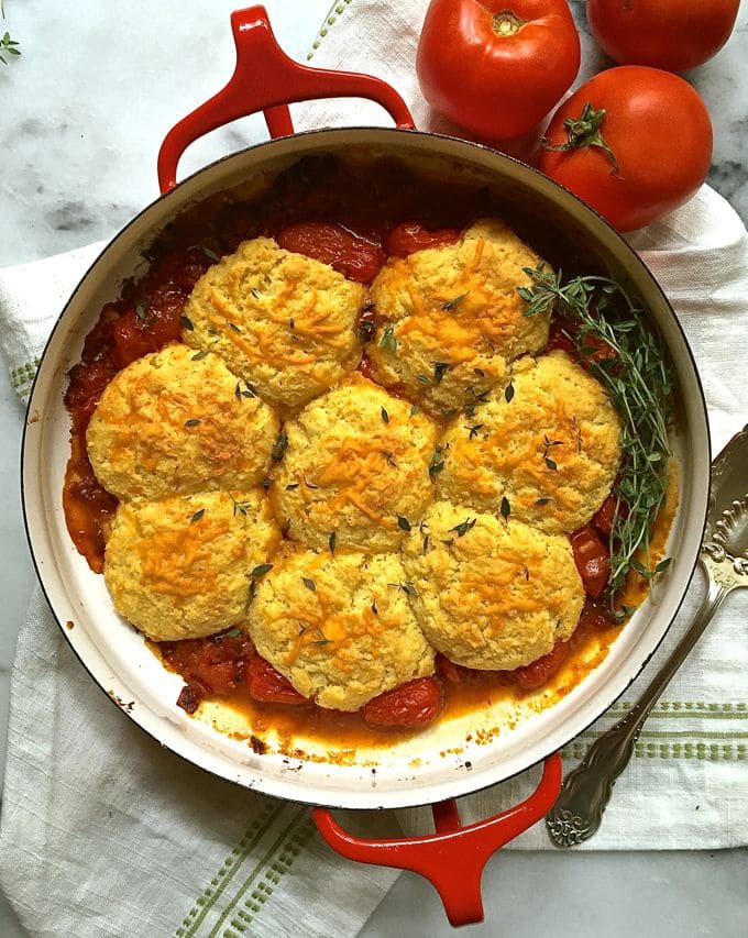 Savory Tomato Cobbler with Cornmeal-Cheddar Biscuits