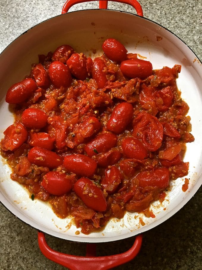 Sautéed tomatoes for Tomato Cobbler with Cornbread-Cheddar Biscuits