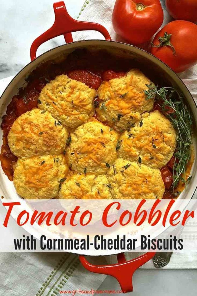 It’s summer, and that means fresh ripe and juicy summer tomatoes! And, my southern style, easy Tomato Cobbler with Cornmeal-Cheddar Biscuits is the perfect dish to showcase summer’s bounty! This recipe for Tomato Cobbler with Cornmeal-Cheddar Biscuits features juicy tomatoes casserole cooked with onions, garlic, and thyme topped with crunchy cheddar cheese cornmeal biscuits. #dinnerrecipes, #easyrecipes, #tomatoes, #comfortfood, #casserole