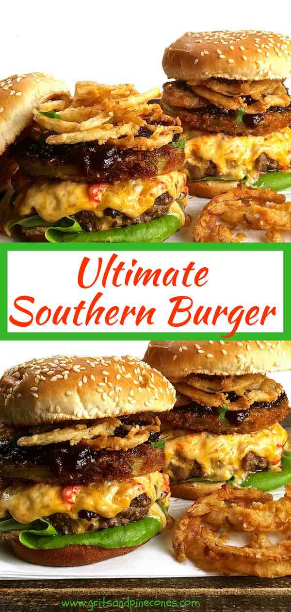 The Ultimate Southern Style Burger offers a unique twist to a classic burger and features melted pimento cheese, fried green tomatoes, onion rings, and tomato jam. This easy decadent and delicious hamburger recipe is the answer to your burger dreams!
