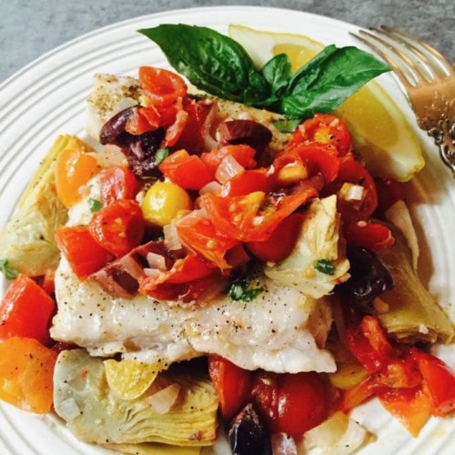 Tasty Baked Grouper with Tomatoes and Artichokes