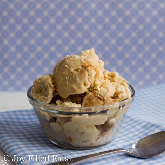 Peanut Butter Swirl Ice Cream in a clear glass bowl. 