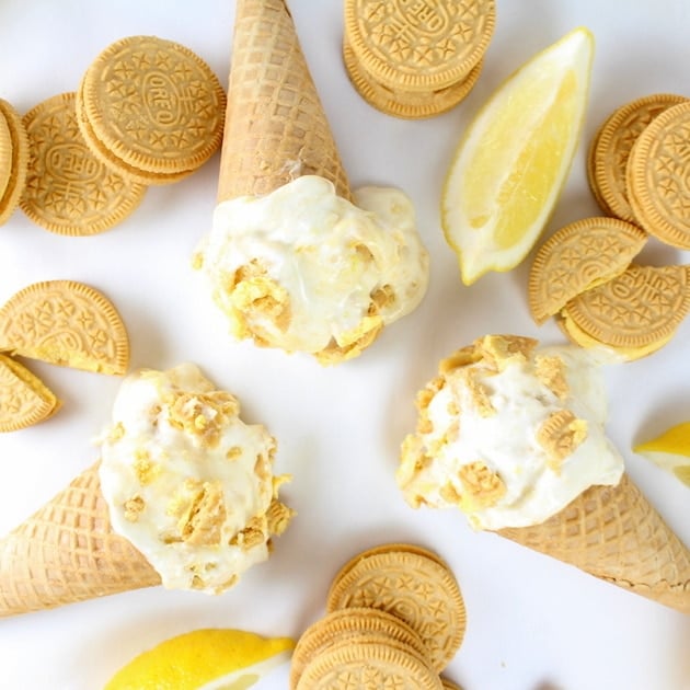 Three Lemon Oreo Ice Cream cones with Oreo lemon cookies. 