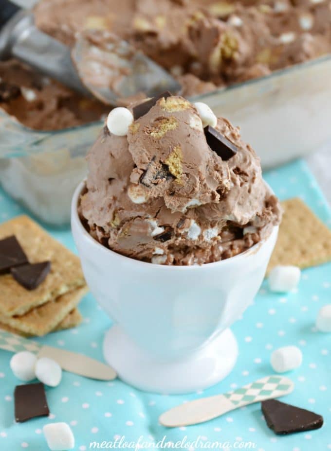 Easy No Churn Chocolate S'mores Ice Cream in a white dessert dish. 