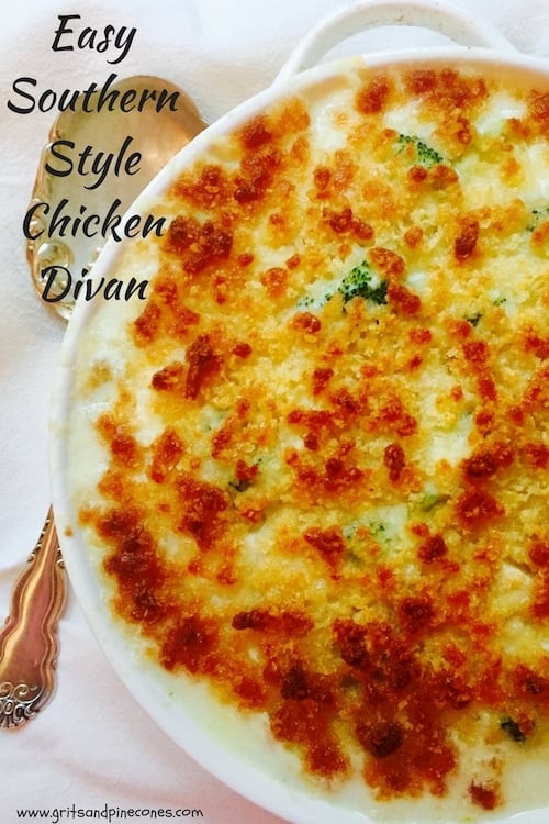 Easy Southern Style Chicken Divan is a flavorful chicken and broccoli casserole covered in a bechamel sauce made with white cheddar cheese and tangy sour cream.