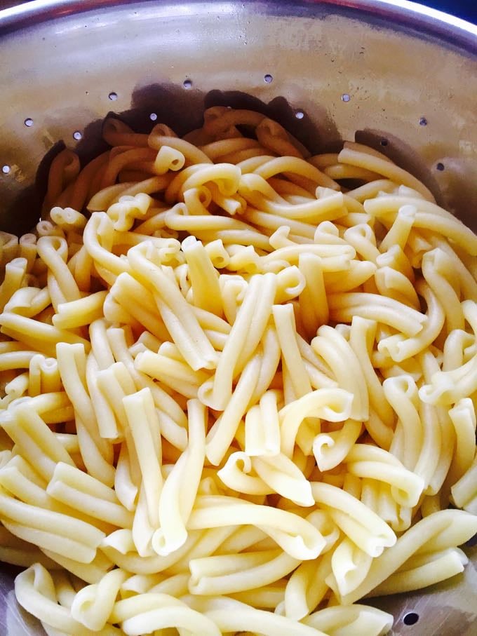 Pasta Salad with Green Goddess Dressing showing cooked pasta