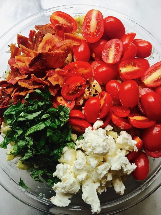 Pasta Salad with Green Goddess Dressing showing ingredients for pasta