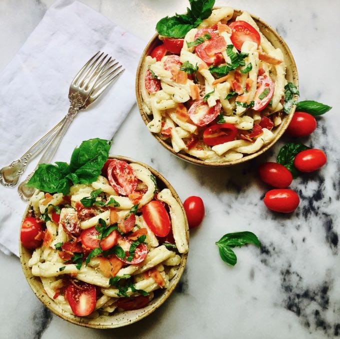 Two bowls ofPasta Salad with Green Goddess Dressing