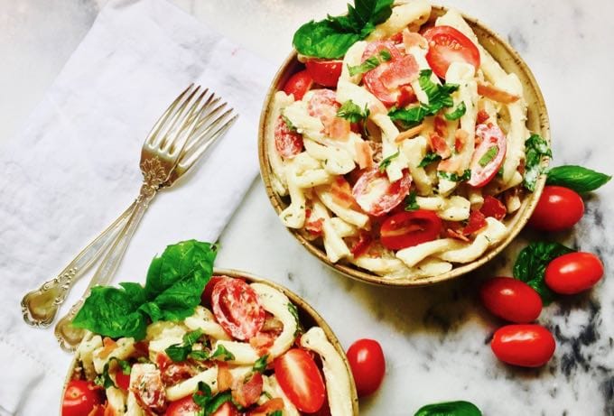 Two bowls of Yummy Pasta Salad with Green Goddess Dressing