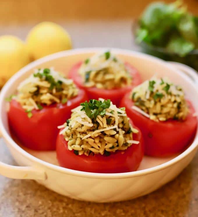 Spinach and Orzo Stuffed Tomatoes ready to serve