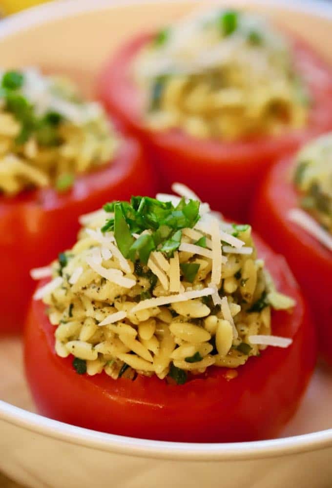 Close up of Spinach and Orzo Stuffed Tomatoes