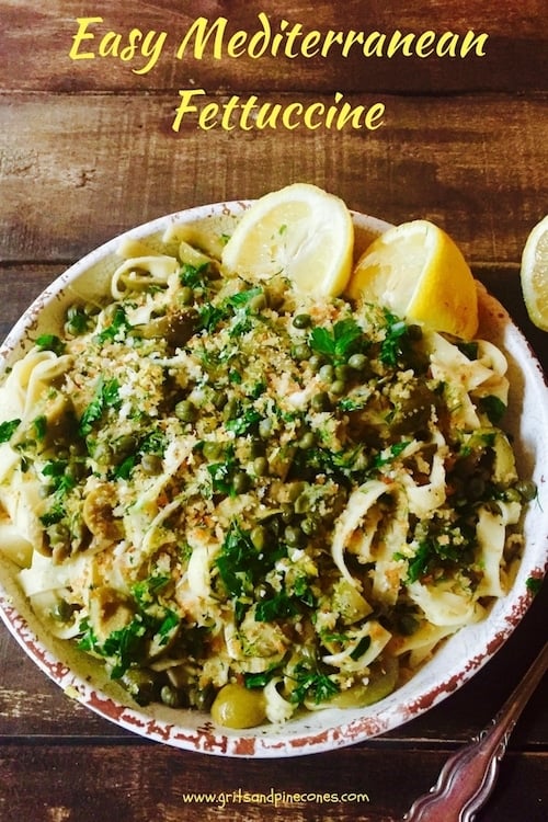 One bite of Easy Mediterranean Fettuccine's bright, flavorful heart-healthy pasta, full of green olives, capers, and fresh herbs and you will be in heaven! This simple recipe is comfort food at it's finest and the perfect weeknight dinner. #comfortfood, #dinner, #dinnerrecipes, #easydinner, #pasta, #fettuccine, #vegetarian