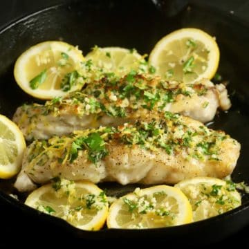 Pan-seared grouper topped with parsley, lemon zest and garlic.