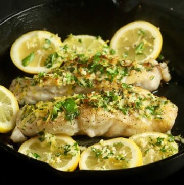 Pan-seared grouper topped with parsley, lemon zest and garlic.