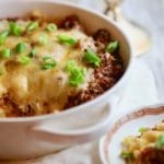 Easy Cheesy Ground Beef Casserole ready for dinner in a white baking dish.