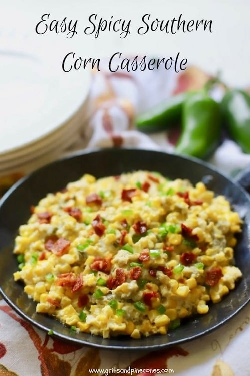 Easy Spicy Southern Corn Casserole is a perfect make-ahead side dish and a fiesta for the senses with luscious corn, chilies, jalapenos, and a decadent cream cheese filling. #thanksgivingrecipe, #easysidedish, #thanksgivingrecipessouthern, #thanksgivingsidedishes, #thanksgivingmakeaheadrecipes