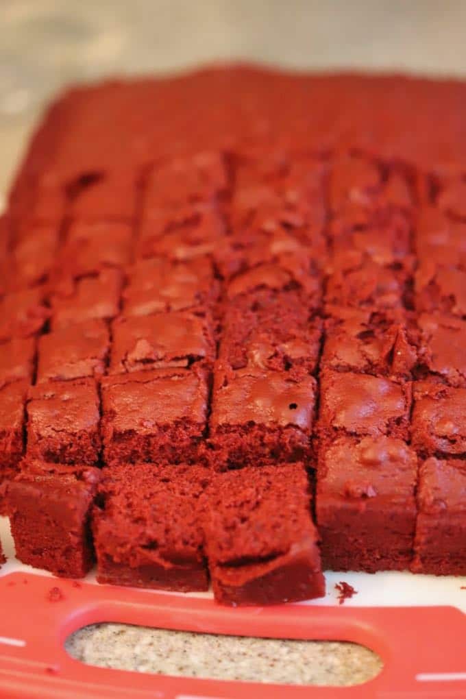 Red Velvet Cake cut into cubes for Christmas Red Velvet Cake Trifle