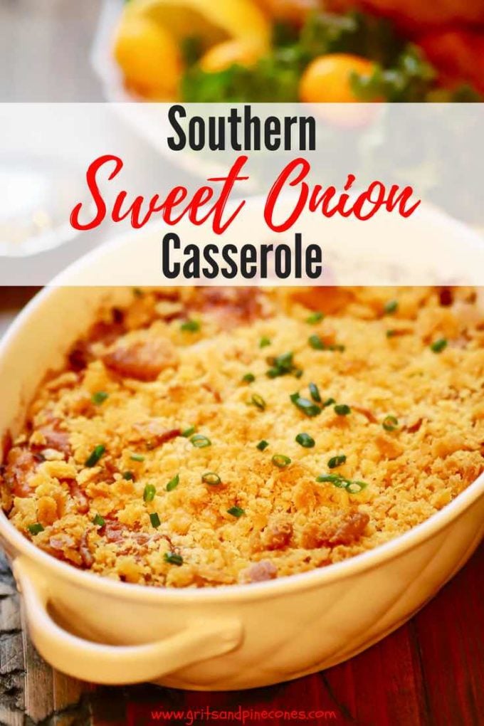 Easy Southern Sweet Onion Casserole is the best Thanksgiving side dish recipe ever, with sweet caramelized onions, (Vidalia are best) buttery Ritz crackers, sour cream, and a baked cheesy crust! #onions, #casserole, #thanksgiving, #comfortfood, #vidaliaonions, #thanksgivingsidedish, #sidedish, #sundaysupper, #dinner, #dinnerrecipes, #easyrecipes