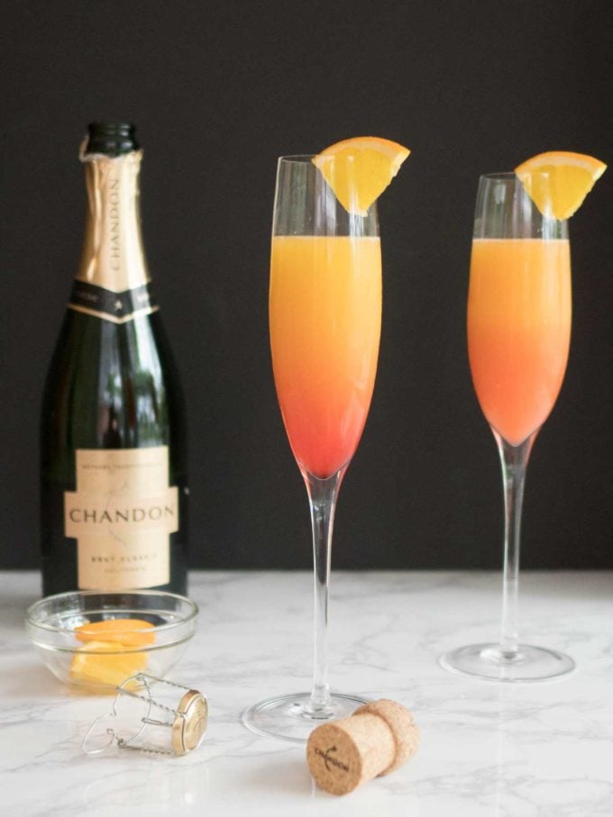 Sunrise Mimosa in two champagne flutes. 