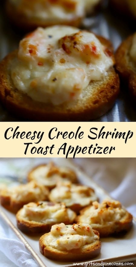 Cheesy Creole Shrimp Toast Recipe is a delicious, easy, mostly make-ahead appetizer that is perfect for your Christmas, New Year's Eve and Super Bowl parties.
