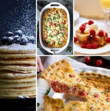 Pancakes, strata, quiche and french toast images.