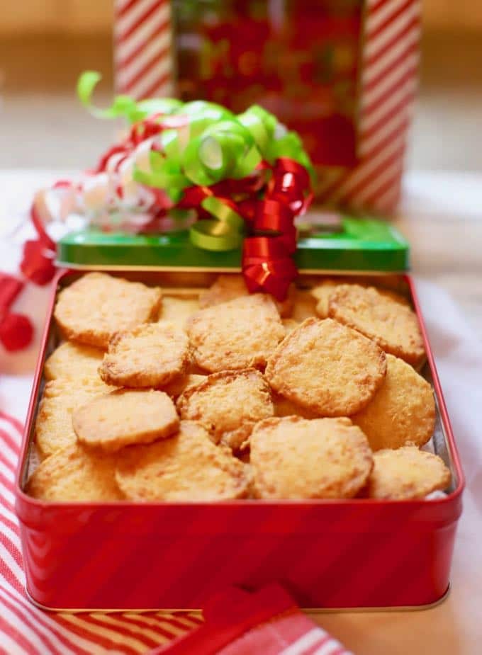 A Christmas tin full of homemade Southern Cheese Crackers
