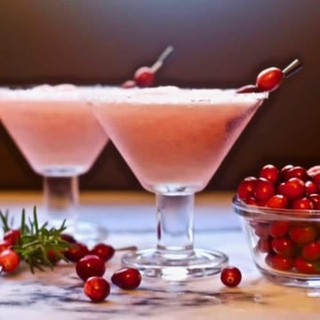Two frozen Christmas margaritas garnished with fresh cranberries.