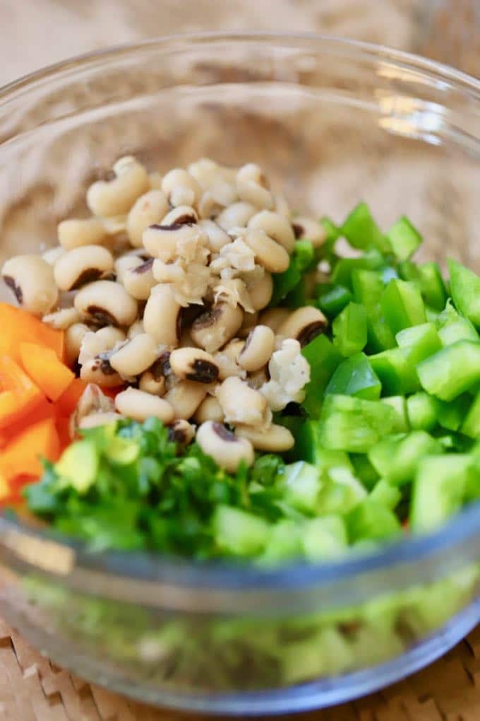 Black-Eyed Peas, peppers, parsley and jalapeno all chopped up for Healthy Black Eyed Pea Salad