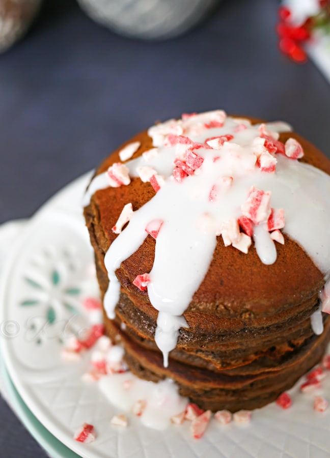 Peppermint Chocolate Truffle Pancakes topped with a sugar glaze and crushed peppermint. 