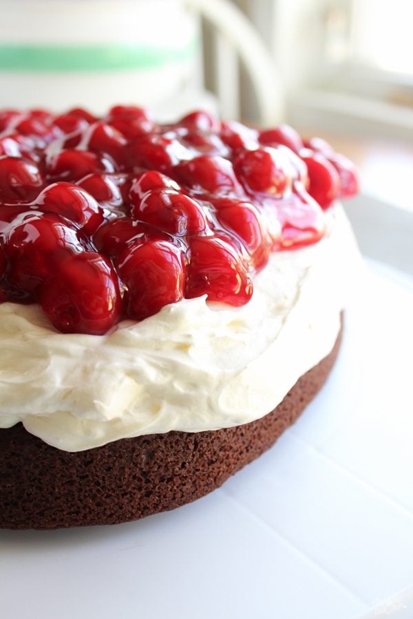 Sweetheart Brownie Bliss topped with whipped icing and cherry pie filling. 
