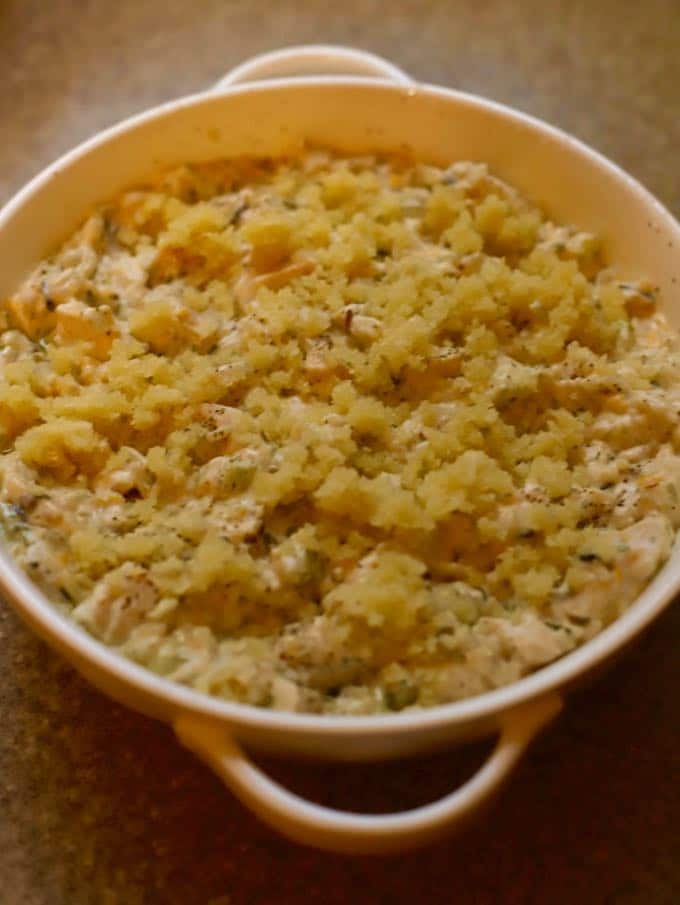 Easy Chicken and Wild Rice Casserole ready to bake in the oven.