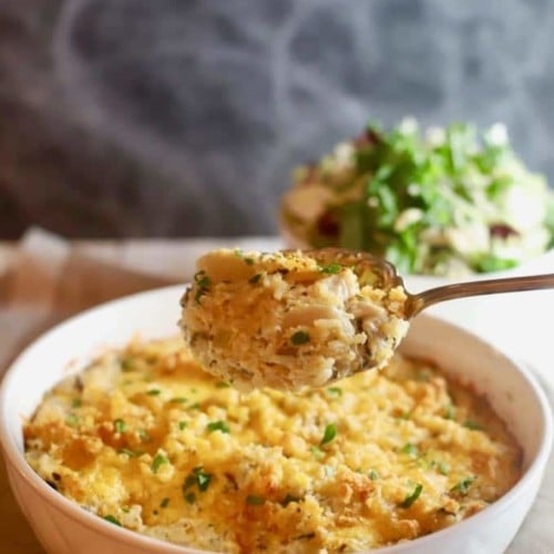 A large spoonful of Easy Chicken and Wild Rice Casserole
