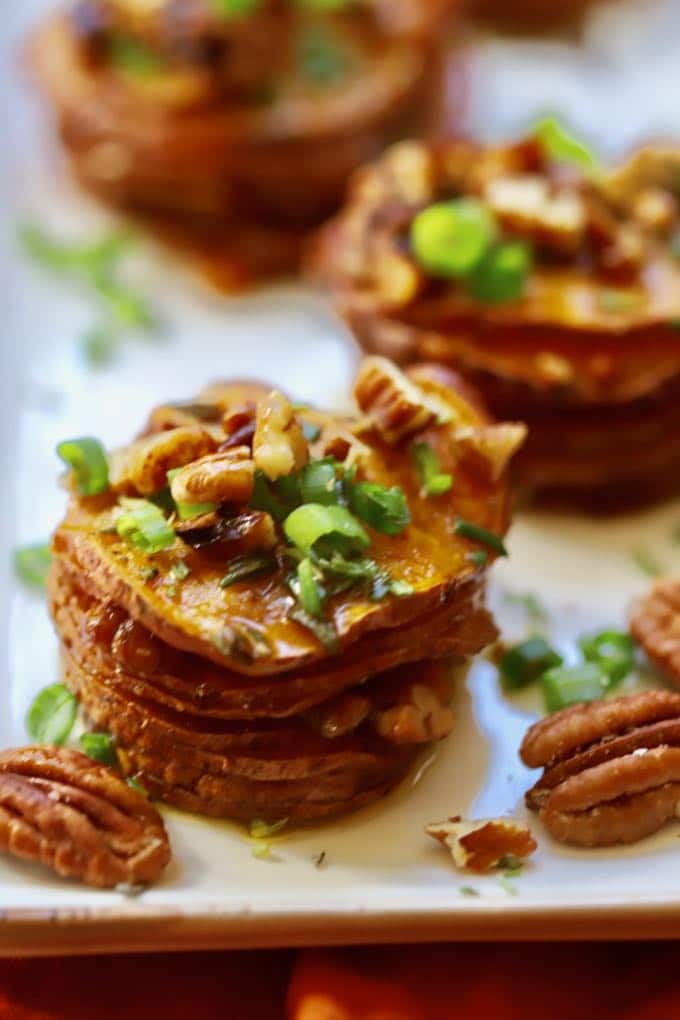 Healthy Roasted Sweet Potato Stacks hot out of the oven and ready to serve