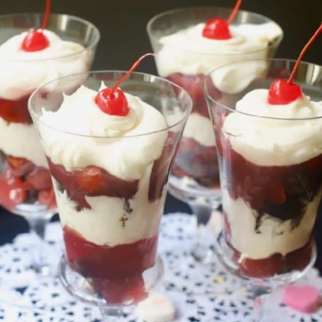Four Chocolate Cherry Brownie Parfaits ready to serve for Valentine's Day