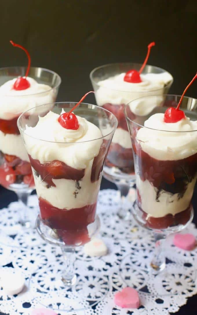 Four Chocolate Cherry Brownie Parfaits ready to serve for Valentine's Day