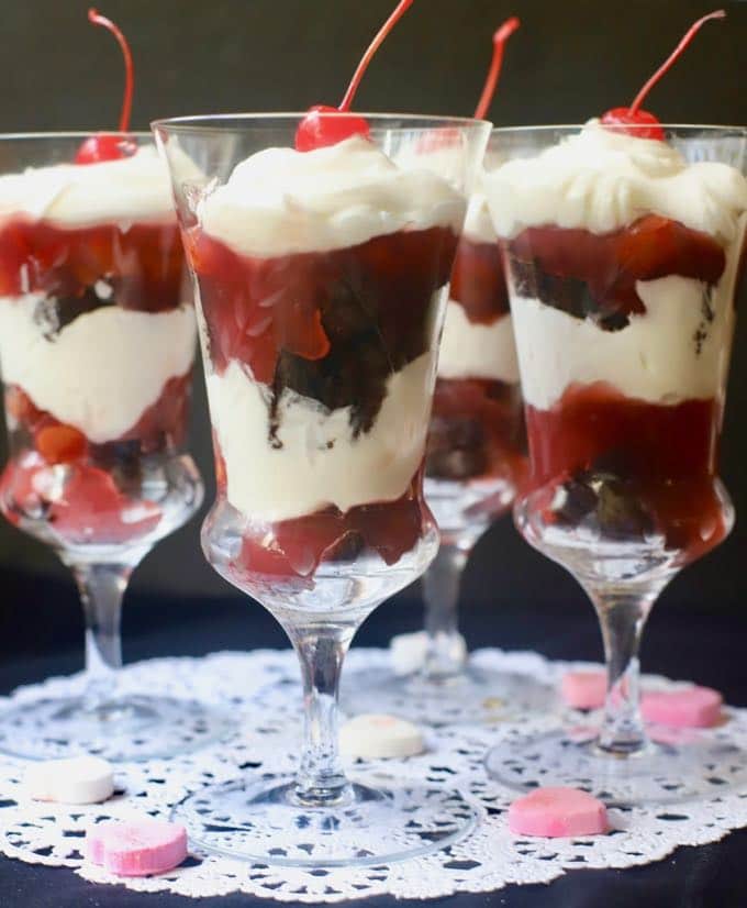Chocolate Cherry Brownie Parfaits are full of fudgy brownies, cherry pie filling and sweetened whipped cream 