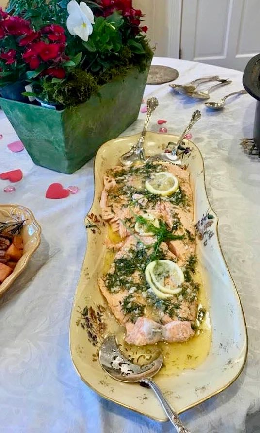 Luscious salmon and lemon entrée served at a cookbook club luncheon