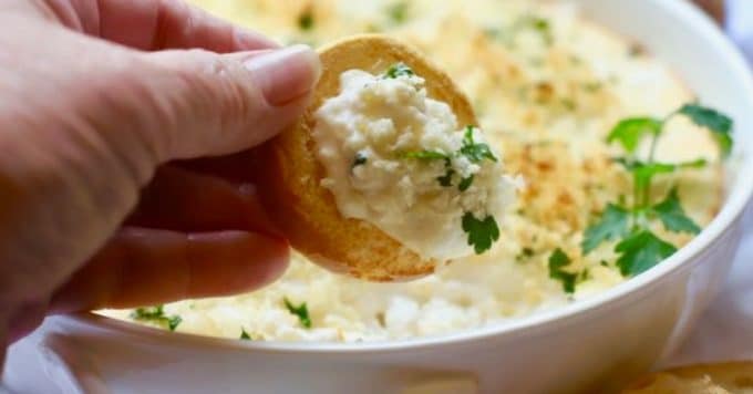 Hot and Cheesy Baked Shrimp Scampi Dip - Grits and Pinecones