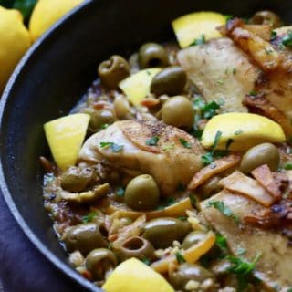 Skillet Chicken with Lemon and Olives in a large skillet ready to serve