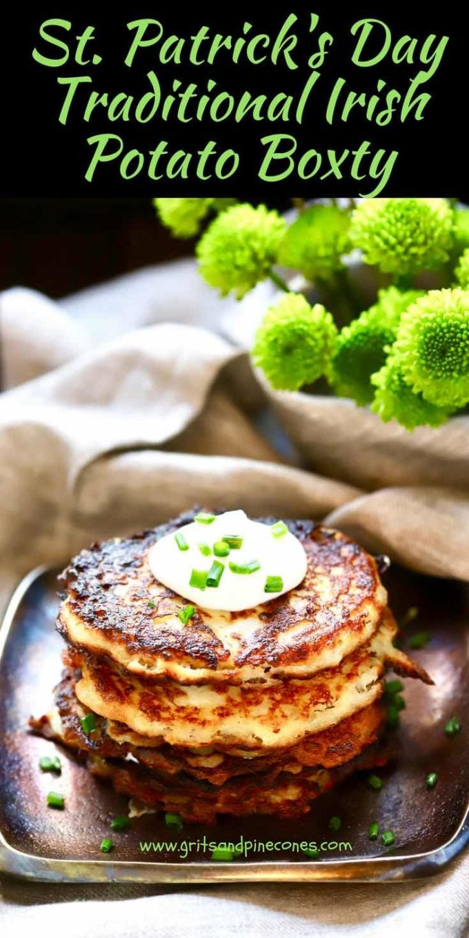 Celebrate St. Patrick's Day and put a smile on your face and a jig in your step with Traditional Irish Potato Boxty or potato cakes! Boxty are delicious potato pancakes, crispy on the outside and soft and fluffy on the inside and made with a combination of mashed potatoes and raw grated potatoes.