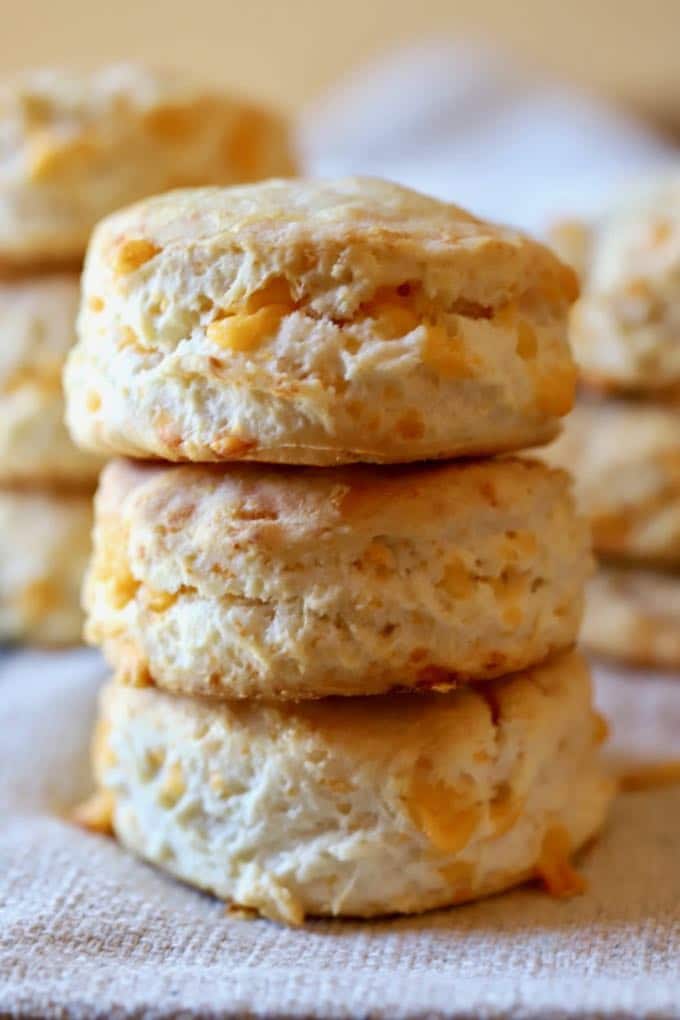 Close up of three biscuits in a stack and ready to serve