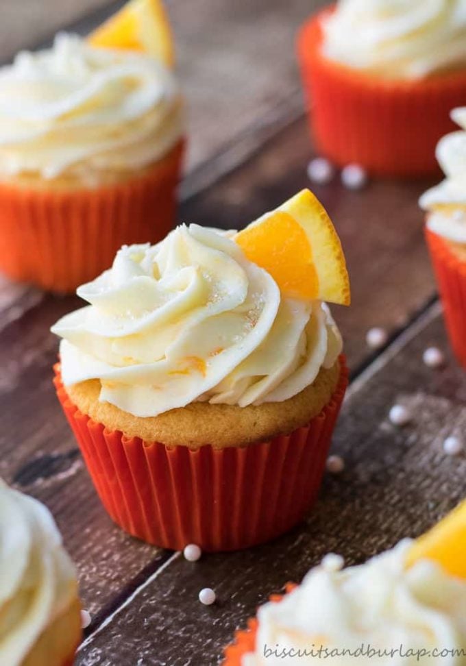 Several orange cupcakes with orange cream cheese icing garnished with an orange slice