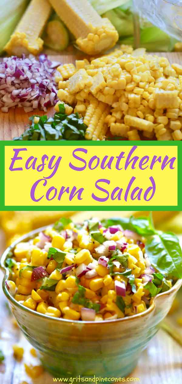 Easy Southern Corn Salad only takes minutes to make and, because it's made without mayonnaise, it’s fresh, light and healthy. Coming in at only 155 calories per serving, this yummy corn salad is also full of vitamins and minerals. It's perfect to take to a potluck or to serve at a backyard barbecue or picnic.